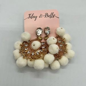 Tiley & Bells Goldtone Rhinestones White Pom Pom Earrings